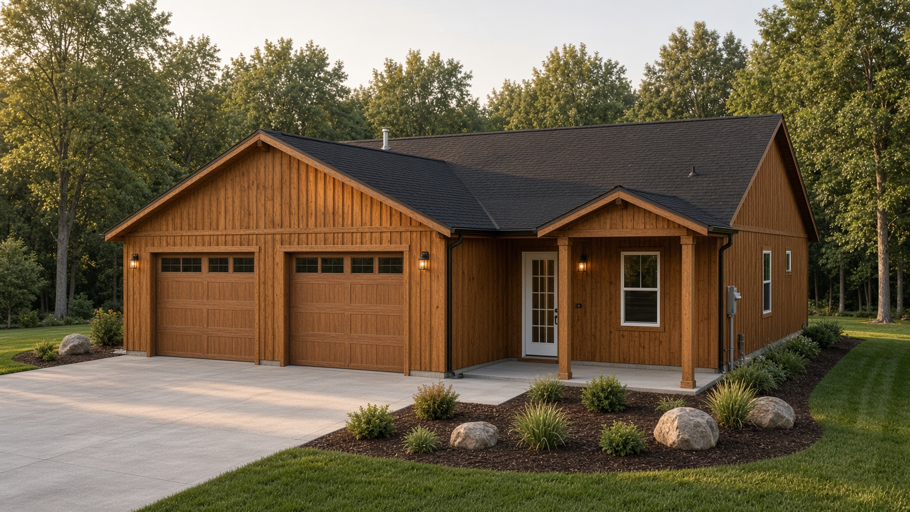 Wood-sided new home with covered porch and two-car garage in Ava, Missouri