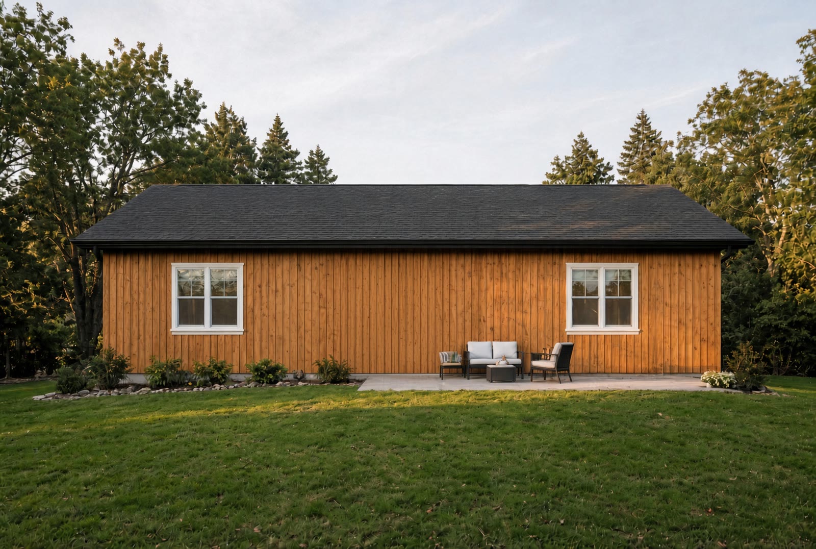 Rear of the home with wood siding and a patio